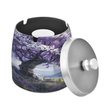 Imagem de Blueangle Lindo cinzeiro de árvore roxa com tampa para cigarros, à prova de vento/chuva, aço inoxidável, sem fumaça, inodoro, cinzeiro para uso interno ou externo (255)