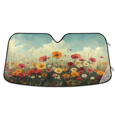 Imagem de ATTX Flores silvestres pintura a óleo pára-brisa carro 134.6 cm x 59.7 cm escudo solar universal com proteção UV, persiana de janela frontal automática dobrável para sedãs SUVs caminhões #455