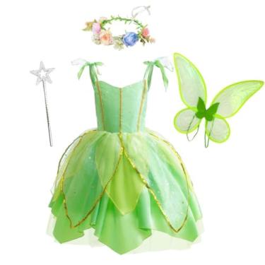 Imagem de Dressy Daisy Fantasia verde de fada de Halloween fantasia de festa de aniversário com acessórios para meninas de 4 a 5 anos