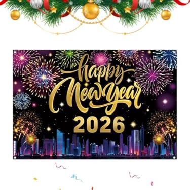 Imagem de Decorações de Ano Novo 2026 | Suprimentos para Festas de Feriado em Tecido - Placa de Fundo Feliz Ano Novo 2026 | para Casa Sala de Estar Jardim Escritório Cabana e Cabine Fotográfica