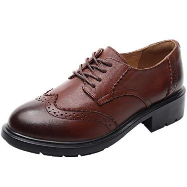 Imagem de rismart Sapato feminino Oxford de couro com bico redondo com cadarço formal para negócios, Marrom, 35