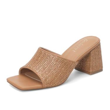 Imagem de Goderci Sandálias femininas de salto médio com bico aberto quadrado, salto médio, salto grosso, Marrom, 37