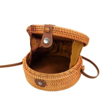 Imagem de Bolsa Redonda de Bambu Feminina com Alça Transversal, Bege, 20x20x7.5cm, Forrada, Fechamento Botão