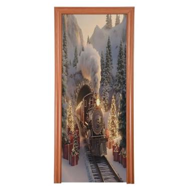 Imagem de Wassud Capa de porta de Natal para decoração de banner 89 x 199 cm grande trem de Natal elástico para porta interna para varanda e porta da frente