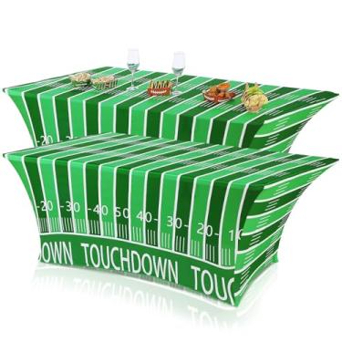 Imagem de Oudain 2 peças de capa de mesa elástica de futebol americano de 1,8 m e elastano para decoração de festa temática esportiva para festas de fim de ano, celebração, piquenique, jantar