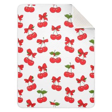 Imagem de WELLDAY Cobertor de bebê branco Cherries Bows, ultramacio, aconchegante, infantil, recém-nascido, para carrinho de bebê, 76 x 101 cm, unissex