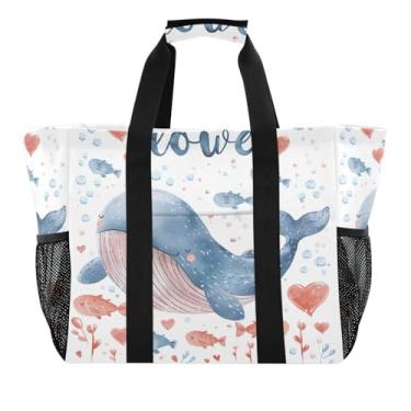 Imagem de Wassud Sacolas de compras reutilizáveis de baleia de desenho fofo grande bolsa organizadora de lona impermeável para praia, piquenique, lavanderia, viagem