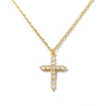 Imagem de Kairosia Colar de cruz banhado a ouro 14K para mulheres, pingente de zircônia cúbica, pingente moderno, joia feminina, presente de Natal