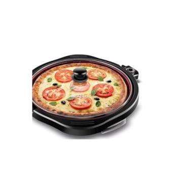 Imagem de Grill Elétrico Redondo Premium com Termostato, 40cm, 1200W, 127V, Antiaderente, Preto, com Bandeja Coletora