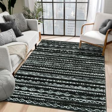 Imagem de Lahome Tapetes de área Boho 5x7 para sala de estar, tapete geométrico grande neutro lavável preto macio, tapete marroquino antiderrapante antiqueda para jantar quarto de crianças escritório, preto/creme