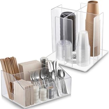 Imagem de Maxdot 2 peças de utensílios de acrílico transparente e dispensador de copo rotativo quadrado com 4 compartimentos para café, cozinha, mesa, festa, pratos de plástico, guardanapos, talheres, talheres