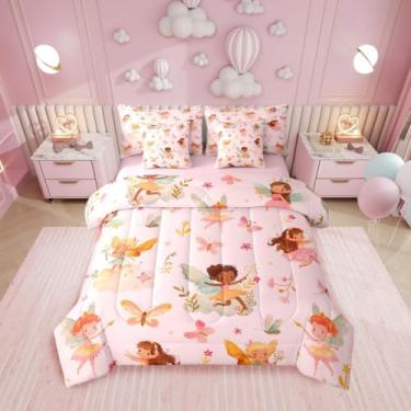 Imagem de Erosebridal Jogo de cama solteiro de fadas rosa com estampa floral de borboleta, 7 peças, para meninas e crianças, lençol com elástico + lençol de cima