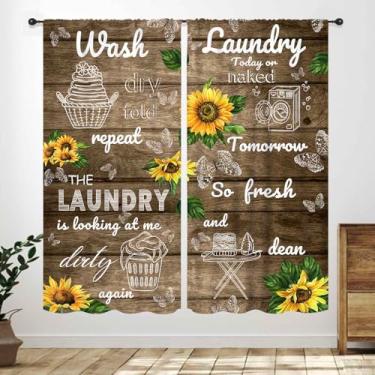 Imagem de Lnepty Cortinas de lavanderia de fazenda, girassol de madeira campestre roupas de lavanderia lavagem de roupas vintage tratamentos de janela para lavanderia banheiro cozinha 53 cm L x 114 cm C