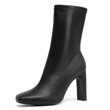 Imagem de NEWBELLA Botas femininas clássicas de salto quadrado – Botas de couro vegano com zíper lateral com sola de borracha antiderrapante para escritório e inverno, Preto, 38