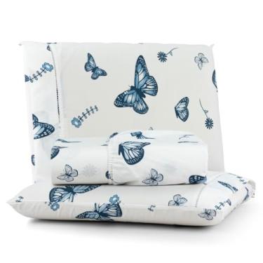 Imagem de Jogo de Lençol 200 Fios Algodão Estampa Borboletas – King, Queen, Casal e Solteiro(BOBOLETA AZUL,KING 3-PEÇAS)