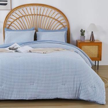 Imagem de Oli Anderson Conjunto de edredom Queen, 3 peças, edredom de cama azul guingão, reversível, leve, macio, com 2 fronhas para todas as estações - 228,6 cm x 228,6 cm