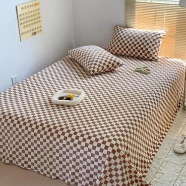Imagem de CLOTHKNOW Jogo de lençol casal xadrez de abóbora, 4 peças, quadriculado, xadrez, marrom claro, geométrico, lençol com elástico geométrico