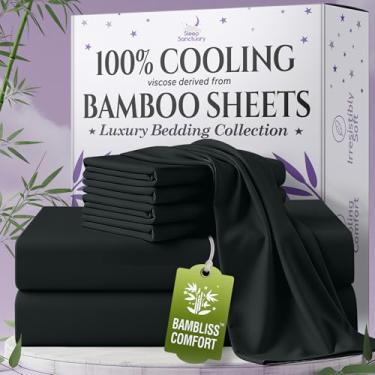 Imagem de SLEEP SANCTUARY Viscose 100% orgânica derivada de lençóis de bambu tamanho casal 6 peças - ultra macio e refrescante, bolso profundo de 43 cm, costura dupla, perfeito para quem dorme quente - Lençóis