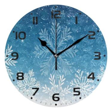 Imagem de JUZIHAI Relógio de parede azul com floco de neve de Natal, silencioso, redondo, sem tique-taque, operado por bateria, fácil de ler, relógio decorativo de parede para casa, cozinha, sala de estar