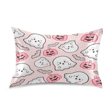 Imagem de Qilmy Fronhas de cetim rosa fantasma abóbora de Halloween, fronha de seda respirável macia com fecho de envelope para sofá-cama, tamanho king 101 x 50 cm