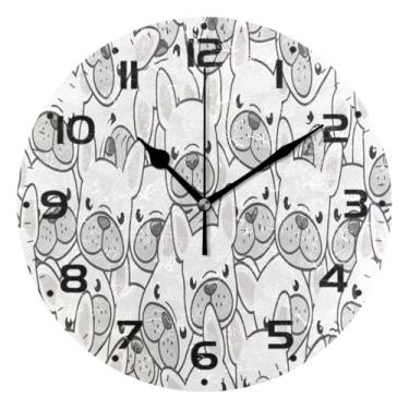 Imagem de JUZIHAI Relógio de parede buldogue francês silencioso, sem tique-taque, relógios de parede redondos operados por bateria, fácil de ler, relógio decorativo de parede para casa, cozinha, sala de estar