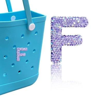 Imagem de HLUWA Berloques de letras de diamante para bolsa Bogg, acessórios de letras de strass roxos brilhantes do alfabeto para bolsa Simply Southern Bag, pingente de letras de inserção para bolsa de praia