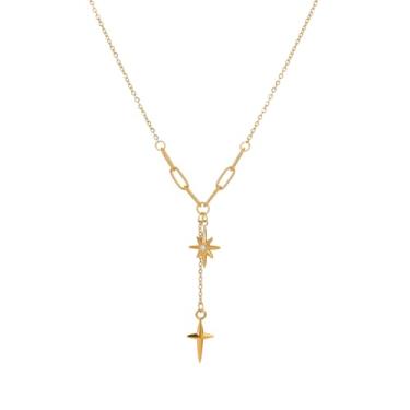 Imagem de Colar feminino com pingente de estrela de cruz delicada de aço inoxidável banhado a ouro 18 K, pingente de borla, clipe de papel, corrente ajustável, colar gargantilha ajustável, joias fofas de
