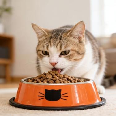 Imagem de Tigela de água de aço inoxidável antiderrapante com estampa de rosto de gato, para gatos e cães (laranja)