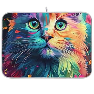 Imagem de Tapete de secagem de pratos floral para gatos arco-íris 45,7 cm x 61 cm, escorredor de pratos, almofada de secagem rápida, protetor de bancada de cozinha