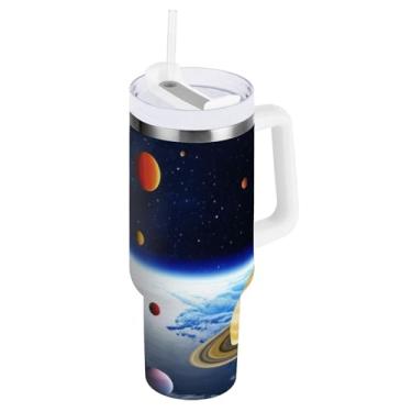 Imagem de ODAWA Copo grande à prova de derramamento com palha, copos isolados de aço inoxidável Planets Stars com tampa e canudo