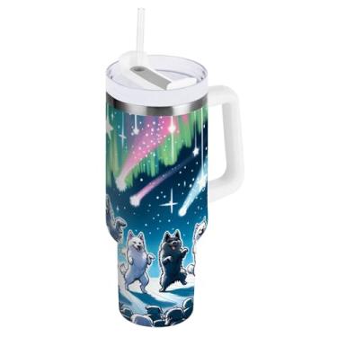 Imagem de Copo de aço inoxidável isolado a vácuo grande com tampa e canudo, copo com isolamento de queda para cães dançantes