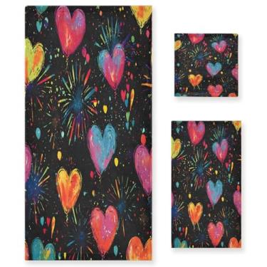 Imagem de Wassud Conjunto de 3 toalhas de banho coloridas vibrantes com corações e fogos de artifício, toalhas super macias e absorventes para banheiro, toalhas de banho de secagem rápida, toalha de banho para