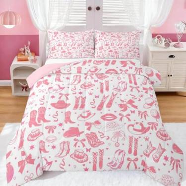 Imagem de Feelyou Conjunto de edredom de microfibra estilo caubói ocidental selvagem com 2 fronhas, estilo caubói rodeio, microfibra e design grunge, rosa pálido, edredom macio