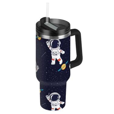 Imagem de Joisal Cute Astronaut Aerospace Star Tumblers com tampas e canudo garrafas de água isoladas de aço inoxidável 1,134 g copo com alça rosa carros fofos caneca de café bebida quente