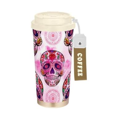 Imagem de Caneca de viagem de café 40 ml com revestimento cerâmico, copo de café de aço inoxidável com tampa e canudo, copo isolado a vácuo, intrincadamente rosa crânio de açúcar