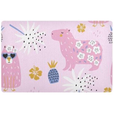 Imagem de TSENQUE Capacho rosa capivara fofo personalizado tapetes bonitos à prova d'água tapetes de cozinha antiderrapantes laváveis 81 x 50 cm