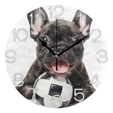 Imagem de GAIGEO Relógio de parede decorativo analógico quarto cozinha relógio redondo sem tique-taque silencioso, retrô moderno art déco decoração de parede bonito buldogue cachorrinho futebol, 25 cm