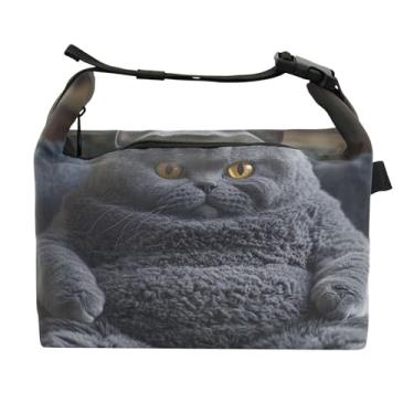 Imagem de TSENQUE Lancheira feminina Chubby British Shorthair cinza isolada para o trabalho lancheira macia de trabalho com alça de ombro ajustável