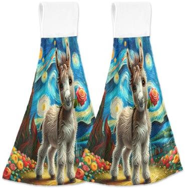 Imagem de TSENQUE Toalha de mão de burro fofo de noite estrelada com laços para pendurar conjunto de toalhas de gravata de forno personalizado com 2 itens essenciais de cozinha decorativos macios absorventes