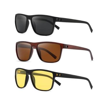Imagem de (Pacote com 3) Óculos de sol quadrados polarizados para homens, estilo vintage, dirigir, viajar, armação leve, proteção UV, Preto mudo + marrom + amarelo