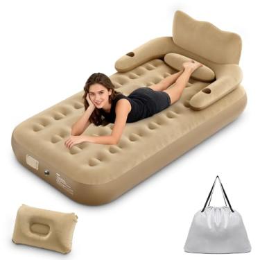 Imagem de Trailabo Colchão Inflável com Encosto e Travesseiro, Bomba de ar Elétrica Recarregável Embutida - Marrom (Solteirão)