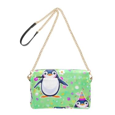 Imagem de Joitme Bolsa tiracolo feminina para celular, linda bolsa de ombro de couro sintético com alça de corrente, pinguins fofos, floral, verde claro