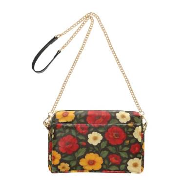 Imagem de Joitme Bolsa feminina vintage vermelha amarela bege floral bolsa tiracolo de couro PU bolsa de ombro alça de corrente bolsa de telefone fofa