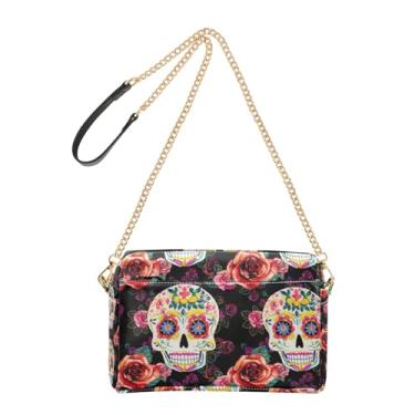 Imagem de Joitme Bolsa feminina transversal para celular bolsa de ombro de couro PU com alça de corrente pintada crânios de açúcar rosas pretas
