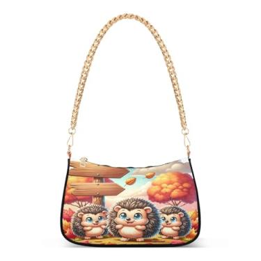 Imagem de Bolsa de ombro fofa com corrente de outono com desenho animado de ouriços, bolsa feminina Hobo Tote Clutch Satchel para todos os dias e festas