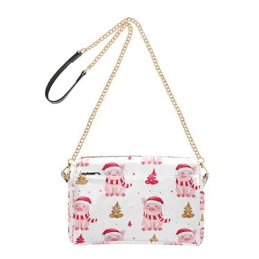 Imagem de Joitme Bolsas transversais femininas bolsa para celular linda bolsa de ombro de couro PU com alça de corrente vermelha porcos fofos Papai Noel branco