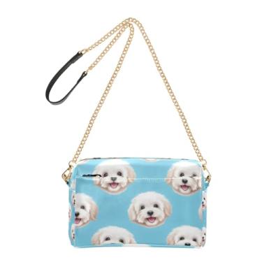 Imagem de Joitme Bolsas femininas bolsa transversal para celular bolsa de ombro de couro PU alça de corrente bonito cachorro rostos azul