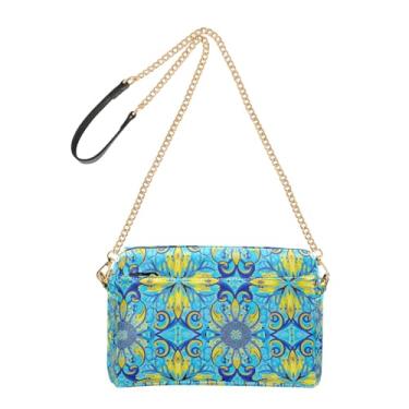 Imagem de Joitme Bolsa feminina tiracolo bolsa para celular linda bolsa de ombro de couro PU alça de corrente floral azul amarelo impressão intrincada