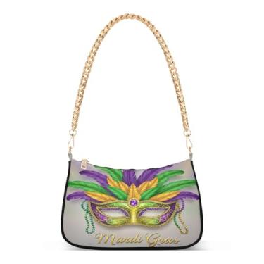 Imagem de Bolsa de ombro com corrente de penas coloridas com máscara de carnaval, bolsa feminina clutch para festas e uso diário