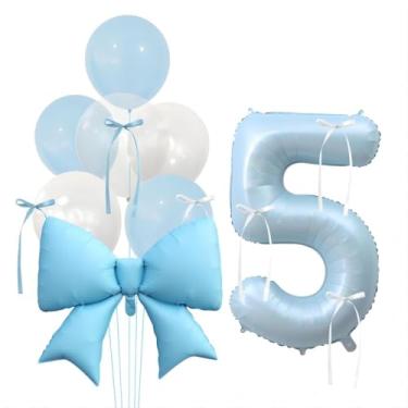 Imagem de Balão grande com número de laço azul para aniversário com fita de seda decoração de festa DIY para meninas - AZUL-8